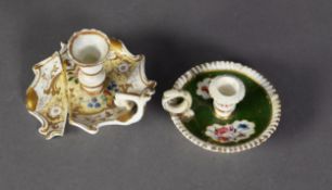 A CIRCA 1835 ENGLISH PORCELAIN CHAMBERSTICK, floral enamelled reserves on a green ground, gilt