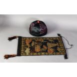 SMALL CHINESE WOVEN  WITH SILK PICTURE/SCROLL depicting a mountainous landscape with carved wood