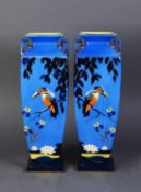 PAIR OF FALCONWARE ‘GLENDOZA’ HAND PAINTED AND MOULDED TWO HANDLED POTTERY VASES, each of square