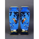 PAIR OF FALCONWARE ‘GLENDOZA’ HAND PAINTED AND MOULDED TWO HANDLED POTTERY VASES, each of square