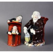 NINETEENTH CENTURY STAFFORDSHIRE NIGHT WATCHMAN FIGURAL POTTERY TOBY JUG, modelled seated and