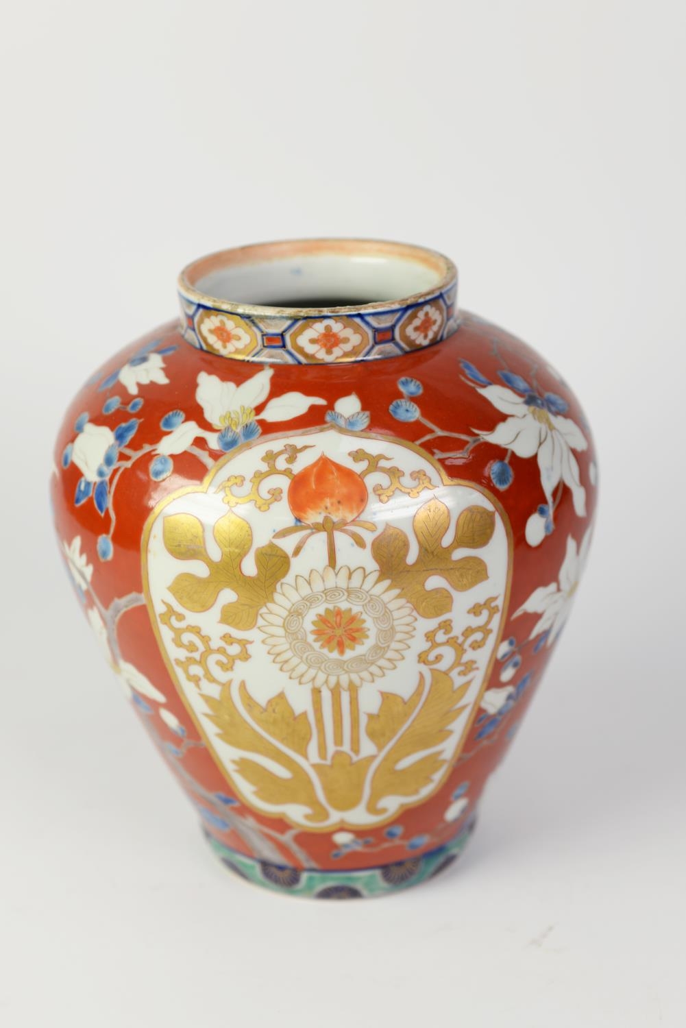 JAPANESE MEIJI PERIOD IMARI PORCELAIN OVOID JAR, (originally with cover, now absent), decorated in