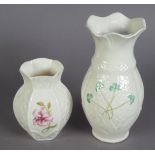 BELLEEK LATE TWENTIETH CENTURY HEXAGONAL OVOID FORM VASE, two opposing panels, painted with pink