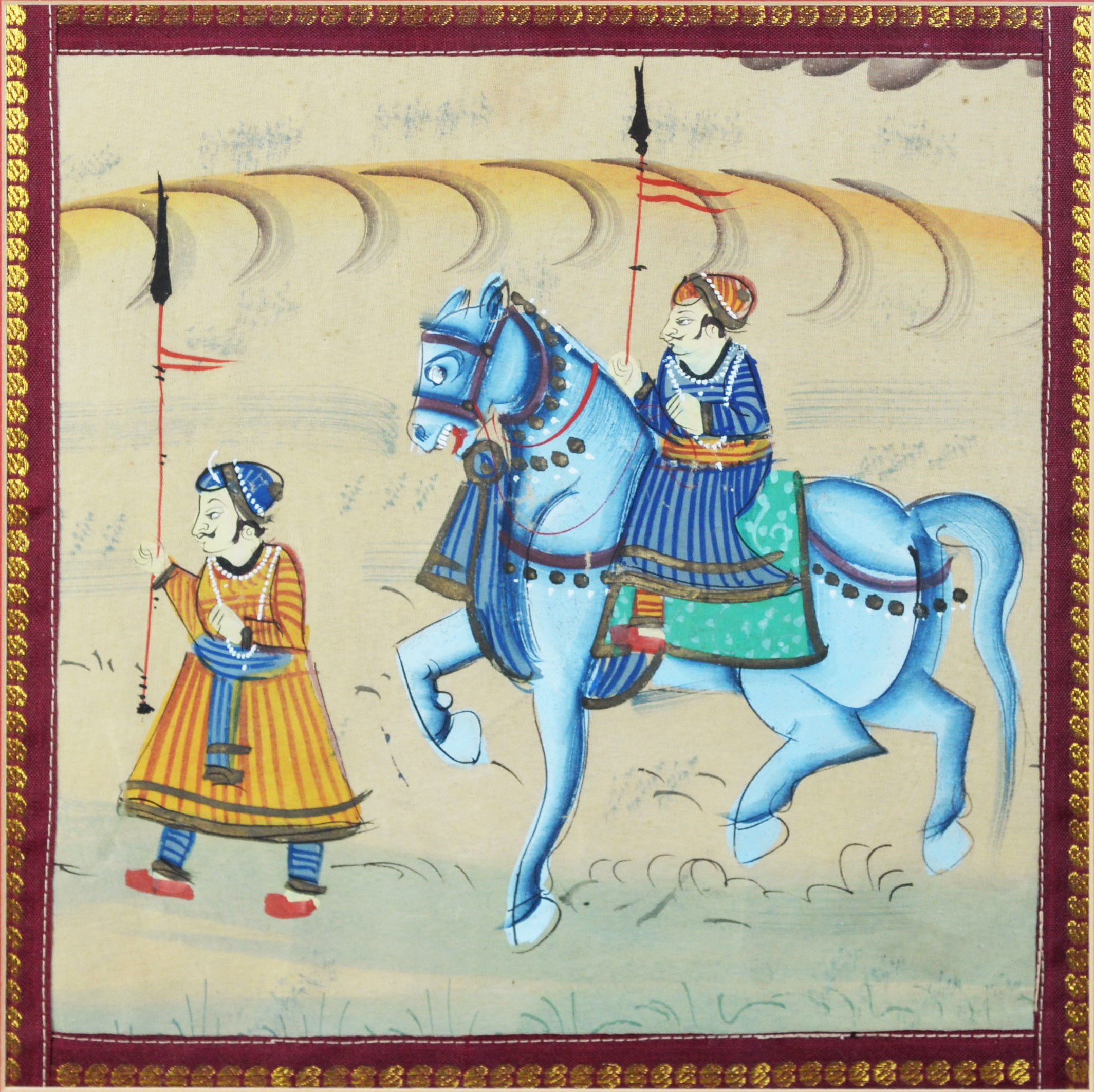 PAIR OF INDIAN GOUACHE DRAWINGS ON PAPER, EACH OF TWO WARRIORS, ONE ON HORSEBACK, within embroidered - Image 3 of 8