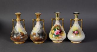TWO PAIRS OF MATCHING S FIELDING & CO CROWN DEVON POTTERY TWO HANDLED VASES, each enamelled, two