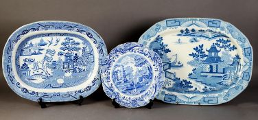 NINETEENTH CENTURY DAVENPORT POTTERY TRANSFER PRINTED BLUE AND WHITE MEAT DISH, impressed mark,