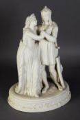 EARLY TWENTIETH CENTURY PARIAN GROUP OF KING ARTHUR AND GUINEVERE, 16” (40.6cm) high, unmarked C/