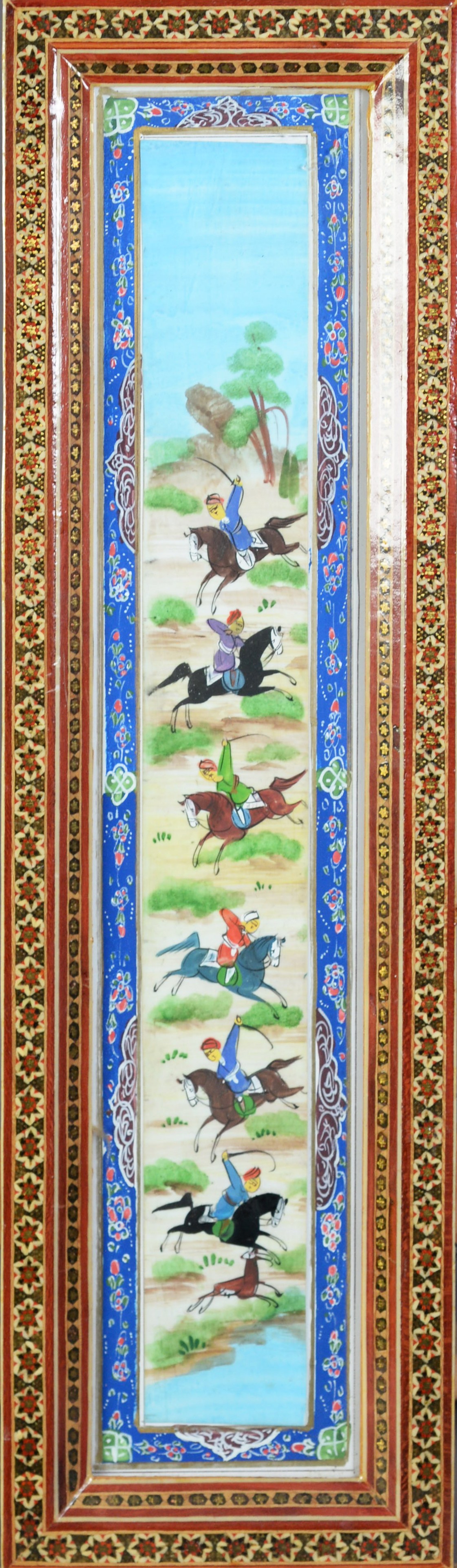 PAIR OF INDIAN GOUACHE DRAWINGS ON PAPER, EACH OF TWO WARRIORS, ONE ON HORSEBACK, within embroidered - Image 8 of 8