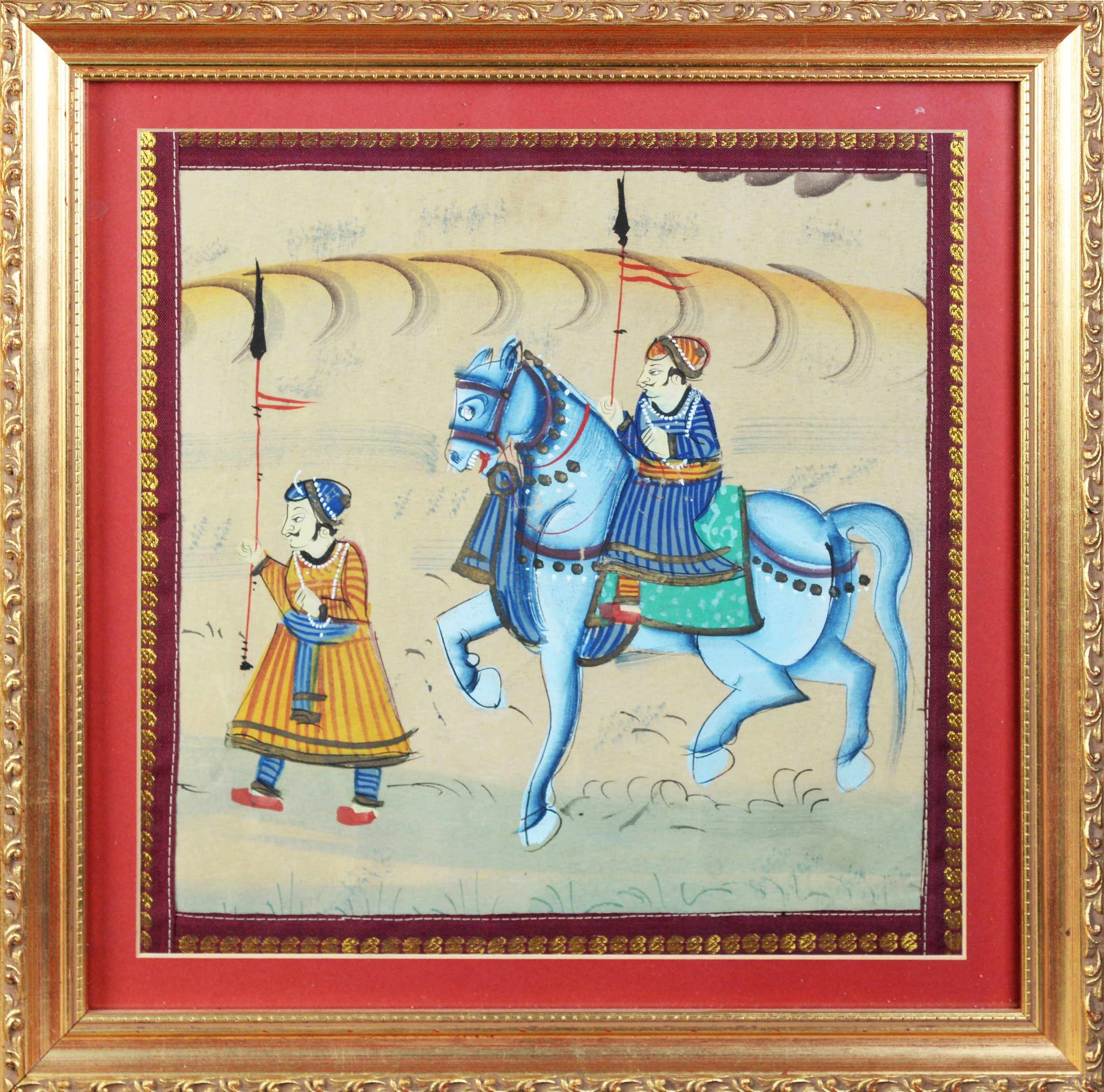 PAIR OF INDIAN GOUACHE DRAWINGS ON PAPER, EACH OF TWO WARRIORS, ONE ON HORSEBACK, within embroidered - Image 5 of 8