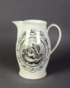 PROBABLY LIVERPOOL, LATE EIGHTEENTH CENTURY CREAM WARE POTTERY LARGE JUG, of barrel form with scroll