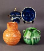 THREE PIECES OF CASTLE HEDINGHAM POTTERY, comprising: FOUR HANDLED VASE BY EDWARD BINGHAM, green