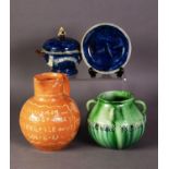 THREE PIECES OF CASTLE HEDINGHAM POTTERY, comprising: FOUR HANDLED VASE BY EDWARD BINGHAM, green