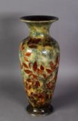 LATE VICTORIAN DOULTON (LAMBETH) STONEWARE TALL SHOULDERED OVIFORM VASE, decorated with applied