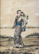 MONOGRAMMED E.H., EARLY TWENTIETH CENTURY INK AND WATERCOLOUR DRAWING, Japanese woman carrying an