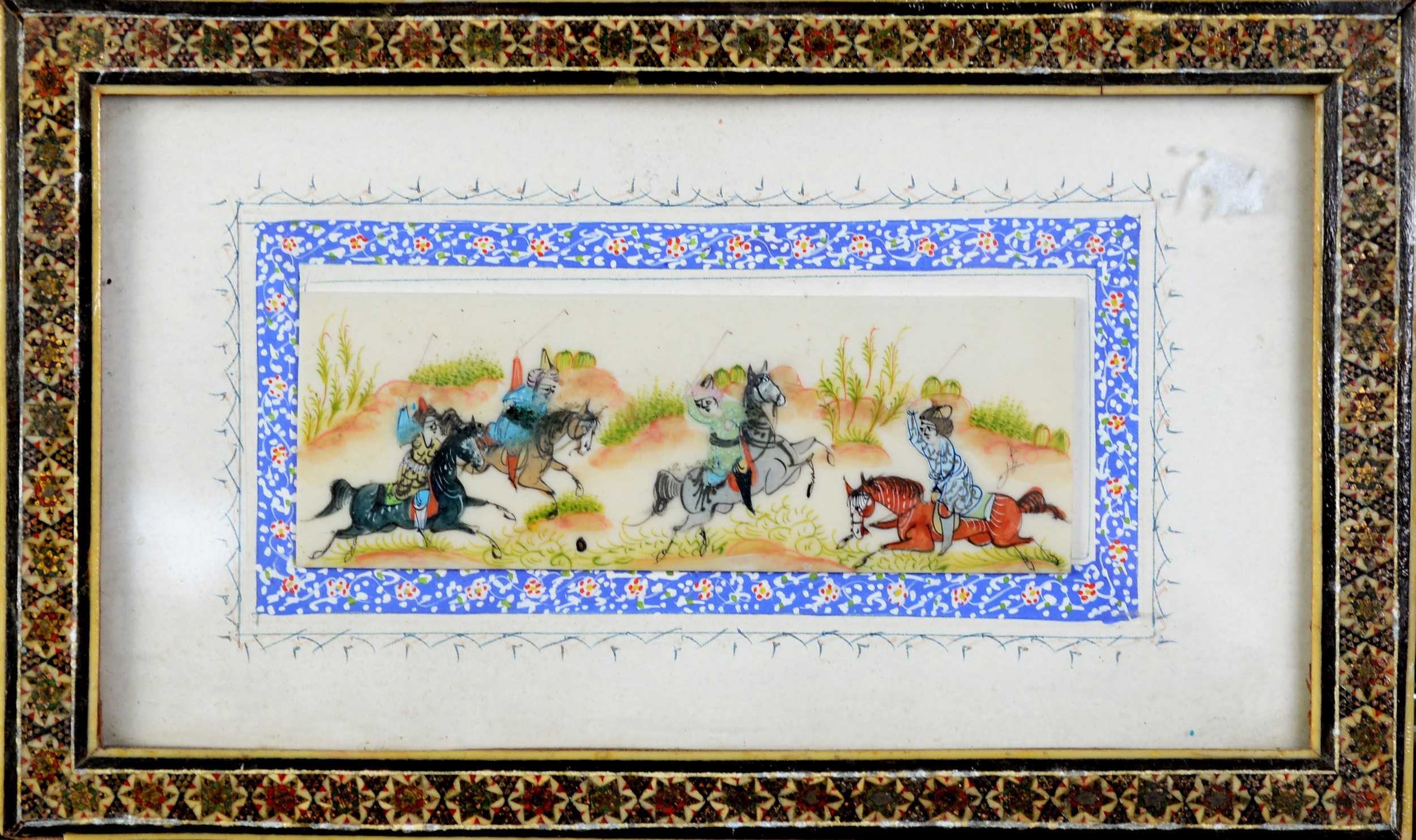 PAIR OF INDIAN GOUACHE DRAWINGS ON PAPER, EACH OF TWO WARRIORS, ONE ON HORSEBACK, within embroidered - Image 6 of 8