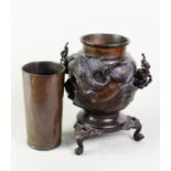 ORIENTAL LATE 19th/EARLY 20th CENTURY TWO HANDLE OVOID BRONZE VASE with alto relief design of a