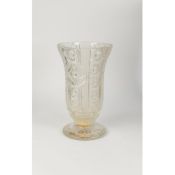 GOOD QUALITY HEAVY CUT GLASS LARGE VASE, of footed, cylindrical form with flared rim and part