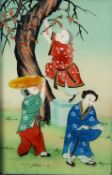 TWENTIETH CENTURY CHINESE REVERSE PAINTED GLASS PICTURE of three figures gathering blossom from a