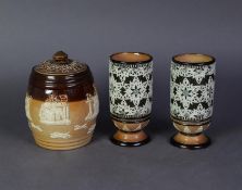 PAIR OF DOULTON LAMBETH SLATER’S PATENT MOULDED POTTERY VASES, each of footed, cylindrical form,