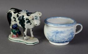 TWO PIECE OF NINETEENTH CENTURY PEARLWARE POTTERY, comprising: COW CREAMER, typically modelled and