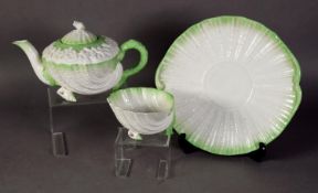 BELLEEK EARLY TWENTIETH CENTURY 'GREEN NEPTUNE' PATTERN TEAPOT AND COVER, with shell pattern