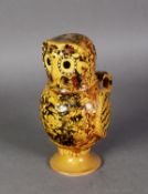 TWENTIETH CENTURY EARTHENWARE CANNED SLIPWARE OCHRE GLAZED OWL FORM JUG with removable cover and
