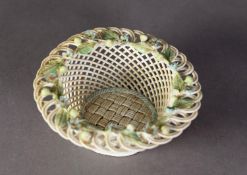 BELLEEK POST-WAR CIRCULAR BASKET, having broad looped edge applied with trailing green flowers and