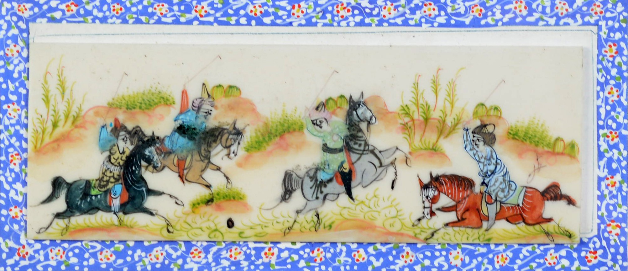 PAIR OF INDIAN GOUACHE DRAWINGS ON PAPER, EACH OF TWO WARRIORS, ONE ON HORSEBACK, within embroidered