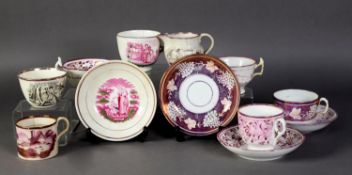 TEN PIECES OF NINETEENTH CENTURY PINK LUSTRE GLAZED POTTERY TEA WARES, comprising: FOUR TEA CUPS AND