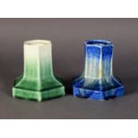 WILLIAM HOWSON TAYLOR, RUSKIN POTTERY TWO IDENTICALLY FORMED DWARF CANDLESTICKS, one covered with