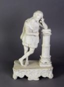 LATE 19th CENTURY BISQUE PORCELAIN STANDING FIGURE OF SHAKESPEARE in pensive mood, on ornately