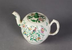 EIGHTEENTH CENTURY STAFFORDSHIRE SALT-GLAZE TEA POT with crabstock handle and spout, enamelled