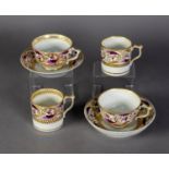 NEAR PAIR OF EARLY NINETEENTH CENTURY DERBY PORCELAIN TRIOS, each comprising: TEA CUP, COFFEE CAN