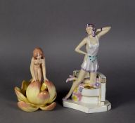 ROYAL DUX PORCELAIN FEMALE FIGURE IN ART DECO TASTE, accentuated with pale enamels and gilt, pink