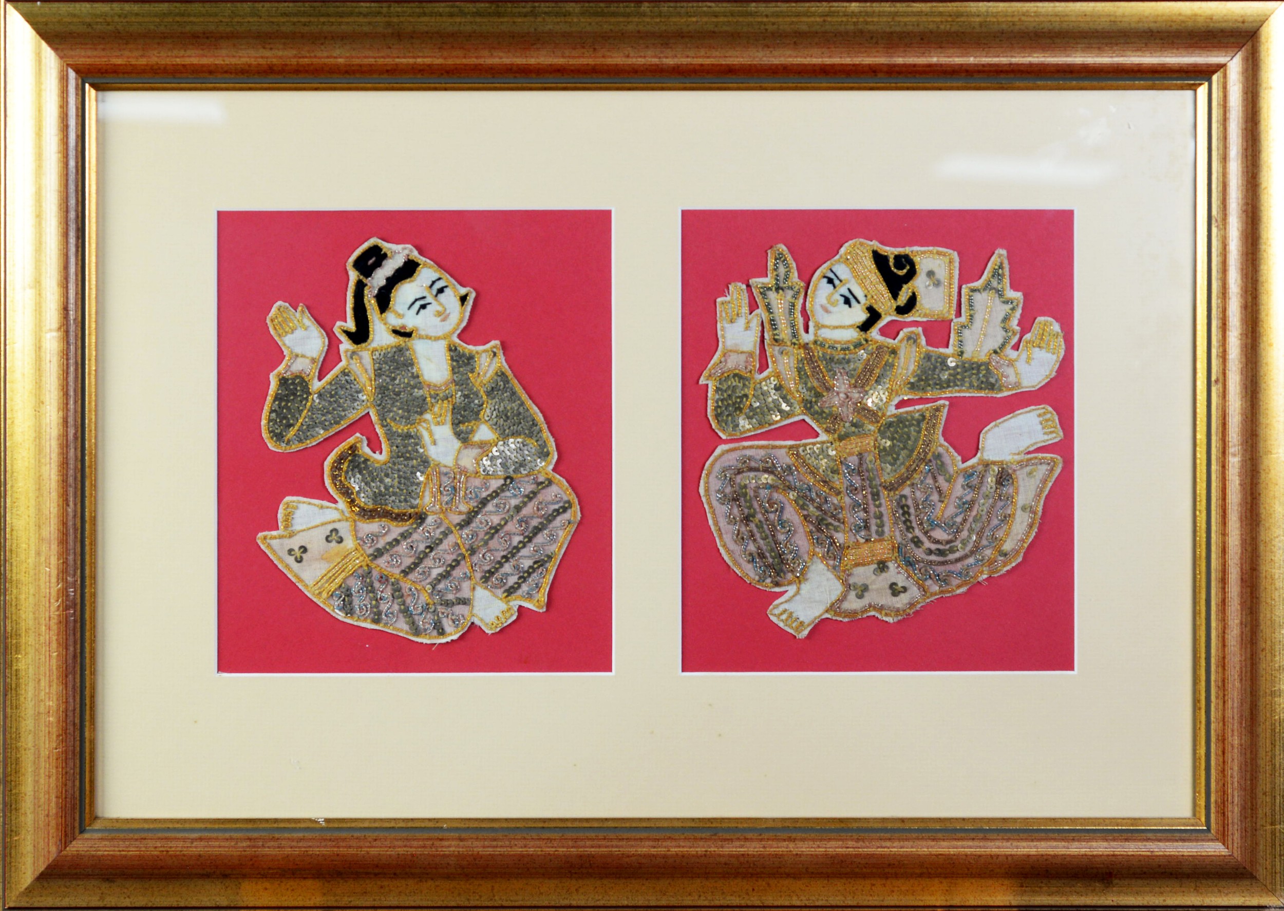 TWO PAIRS OF SOUTH EAST ASIAN GOLD THREAD AND SEQUINNED PICTURES, one a pair of temple lions, the - Image 4 of 4