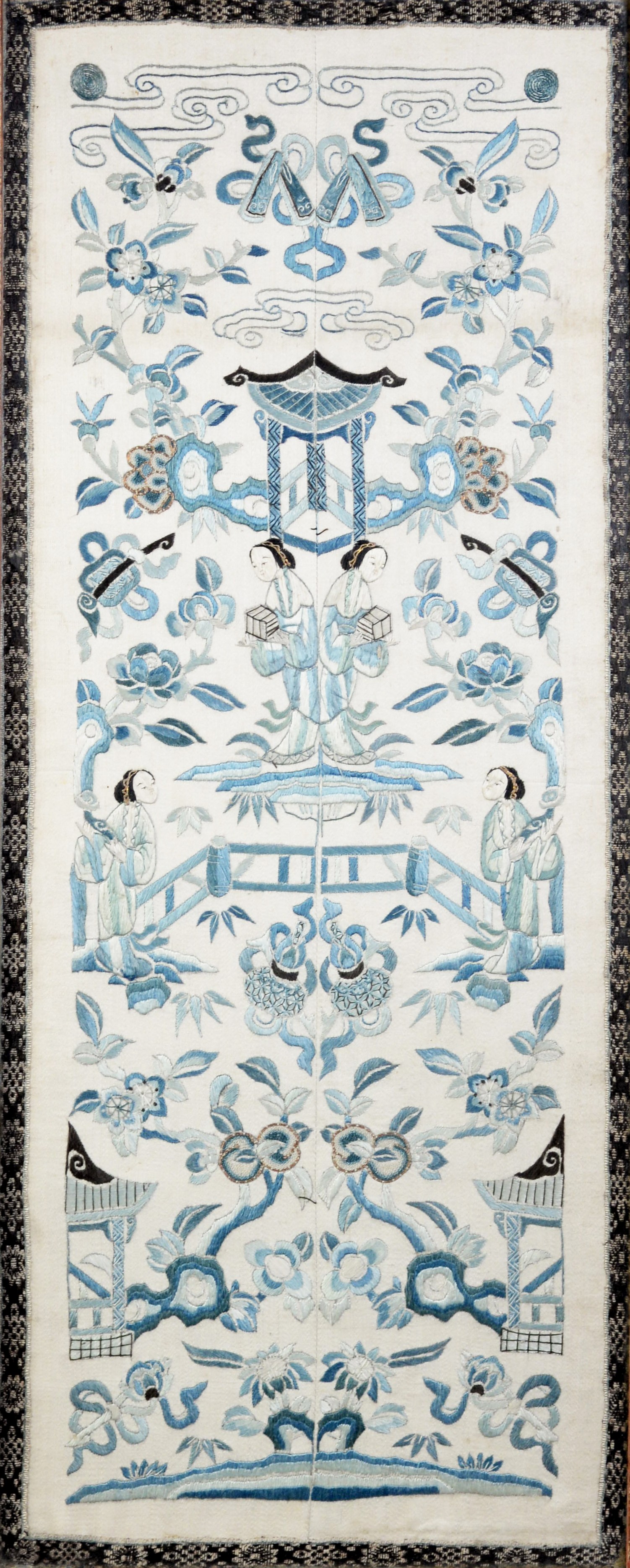 CHINESE EMBROIDERED SILK PANEL OF TWO CONJOINED VERTICAL PANELS in shades of blue/green with four