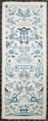 CHINESE EMBROIDERED SILK PANEL OF TWO CONJOINED VERTICAL PANELS in shades of blue/green with four