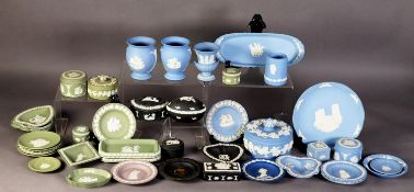 IN EXCESS OF FORTY SMALL PIECES OF MODERN WEDGWOOD JASPERWARE POTTERY, mainly in pale blue,