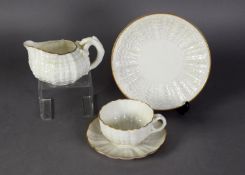 BELLEEK LATE NINETEENTH CENTURY 'TRIDACNA' PATTERN TEACUP, SAUCER AND PLATE AND MATCHING CREAM