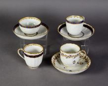THREE LATE EIGHTEENTH/ EARLY NINETEENTH CENTURY DERBY PORCELAIN COFFEE CUPS AND SAUCERS IN BLUE
