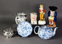 BURGESS & LEIGH (BURLEIGH WARE) TRANSFER PRINTED BLUE & WHITE TEAPOT ON STAND, together with TWO