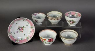 FIVE LATE EIGHTEENTH/ EARLY NINETEENTH CENTURY NEW HALL PORCELAIN TEA BOWLS, including a wrythen
