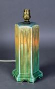 WILLIAM HOWSON TAYLOR, RUSKIN POTTERY HEXAGONAL COLUMNAR ELECTRIC TABLE LAMP, covered with a