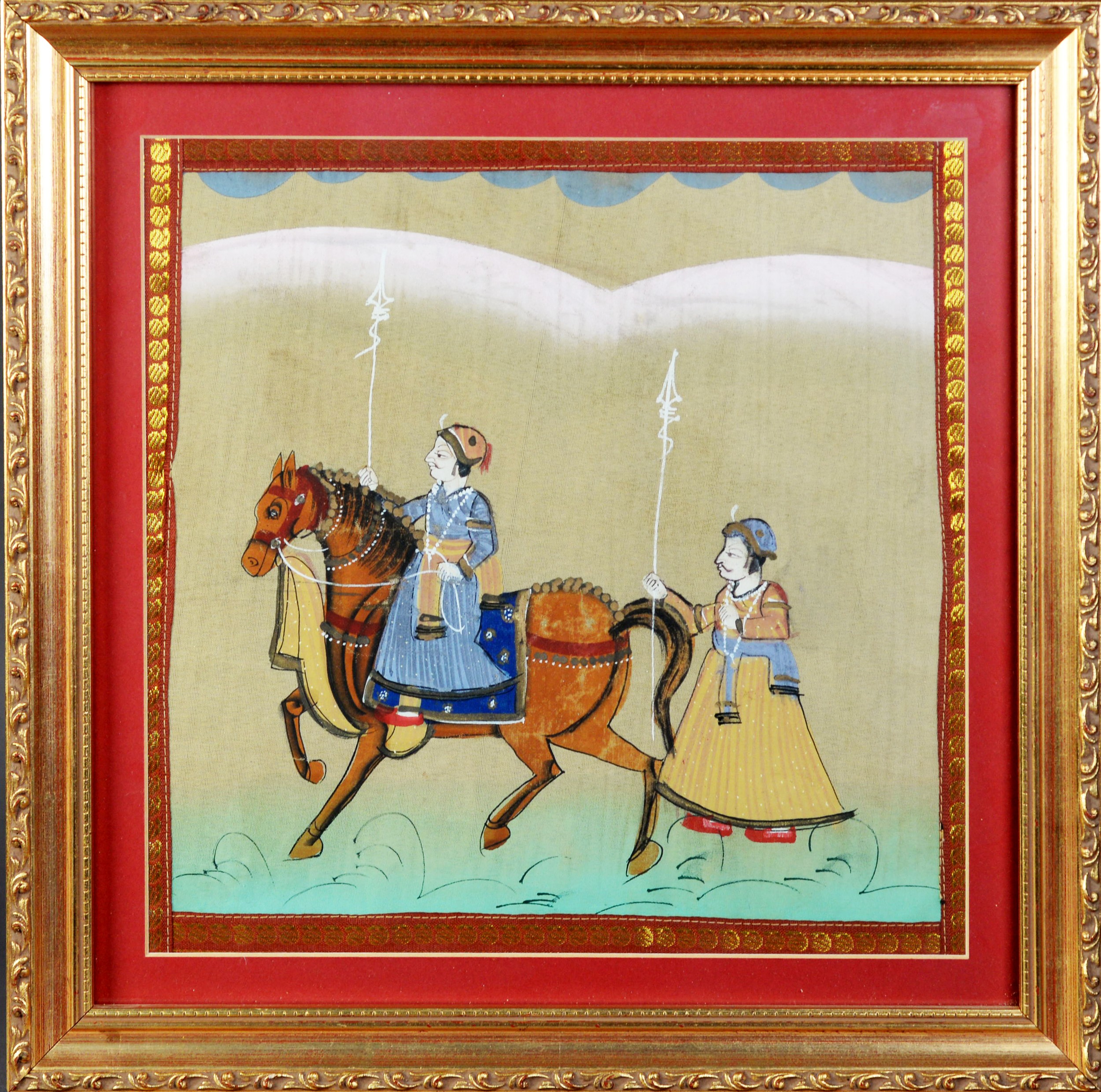PAIR OF INDIAN GOUACHE DRAWINGS ON PAPER, EACH OF TWO WARRIORS, ONE ON HORSEBACK, within embroidered - Image 4 of 8