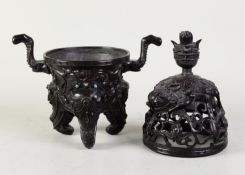 LATE 19th CENTURY CHINESE HEAVY CAST BRONZE TWO HANDLE CENSER, the pierced cover in the form of a