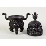 LATE 19th CENTURY CHINESE HEAVY CAST BRONZE TWO HANDLE CENSER, the pierced cover in the form of a