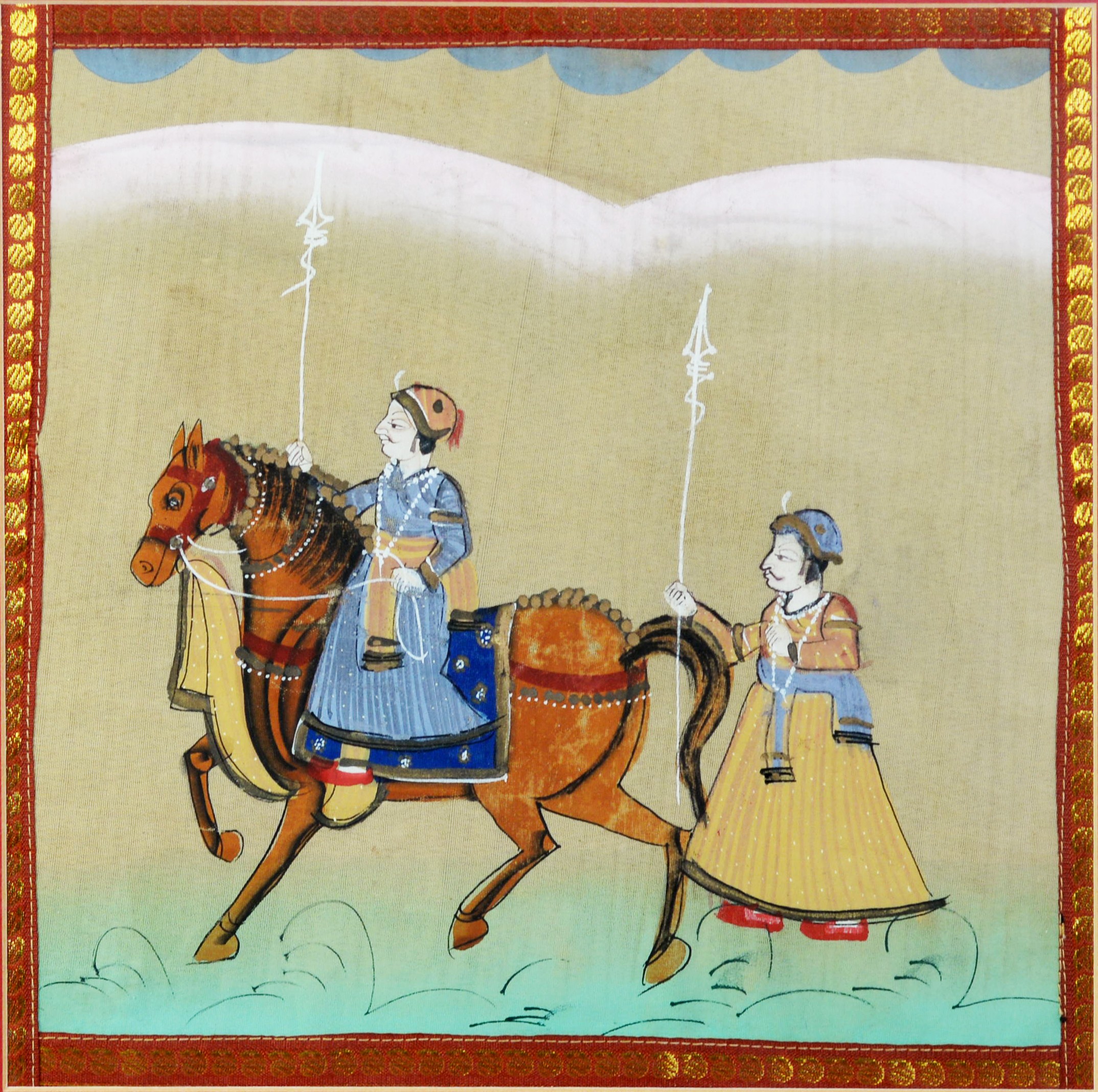 PAIR OF INDIAN GOUACHE DRAWINGS ON PAPER, EACH OF TWO WARRIORS, ONE ON HORSEBACK, within embroidered - Image 2 of 8