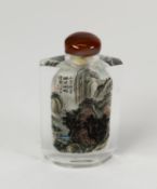FINE QUALITY MODERN CHINESE INTERNALLY PAINTED SNUFF BOTTLE encased in facet cut clear glass with