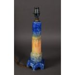 WILLIAM HOWSON TAYLOR, RUSKIN POTTERY TAPERED COLUMNAR ELECTRIC TABLE LAMP, covered with a blue