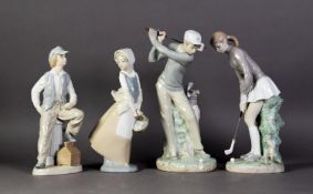 PAIR OF LLADRO PORCELAIN FIGURES of MALE and FEMALE GOLFERS, 11 ¼" (28.5cm) high (maximum), together